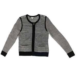 Halogen Knit Cardigan Sweater Stripes Full Zip Merino Women’s M Black Gray Cream